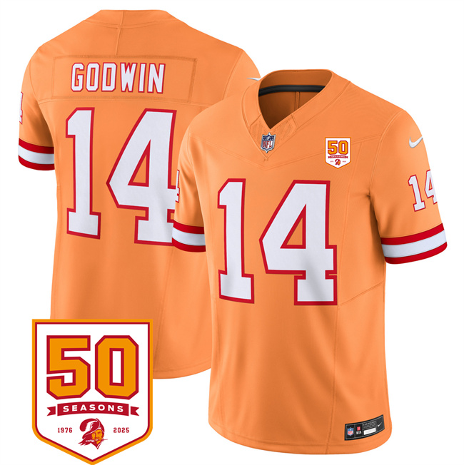 Men's Tampa Bay Buccaneers #14 Chris Godwin Orange 2025 F.U.S.E. 50th Anniversary Patch Vapor Limited Stitched Jersey